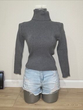 Classic Ribbed Turtleneck Sweater Gray Fitted Long Sleeve